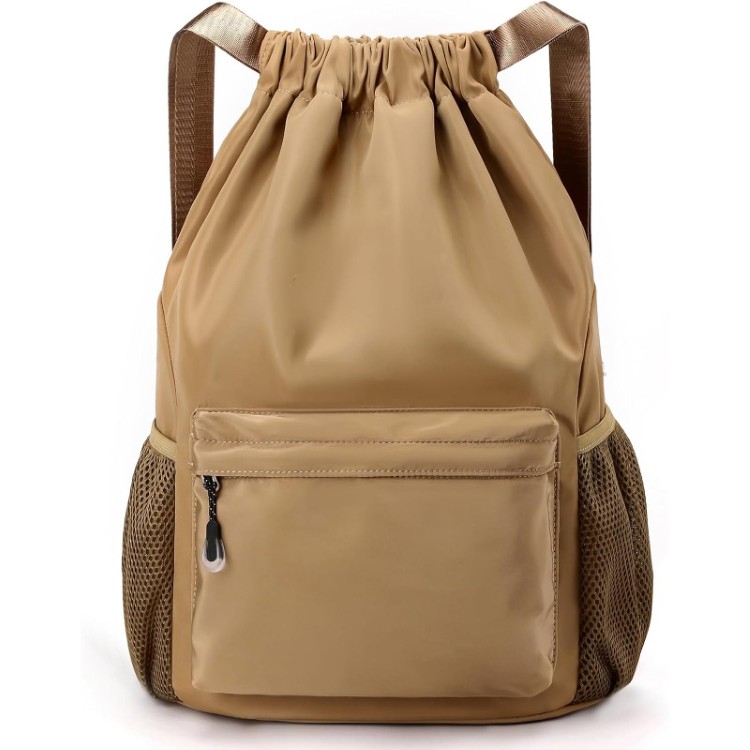 Drawstring Backpack with Zipper and Mesh Pockets