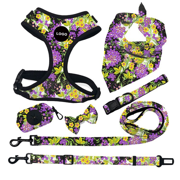 Custom Adjustable Collar Bow Leash Harness and Bandana Sets